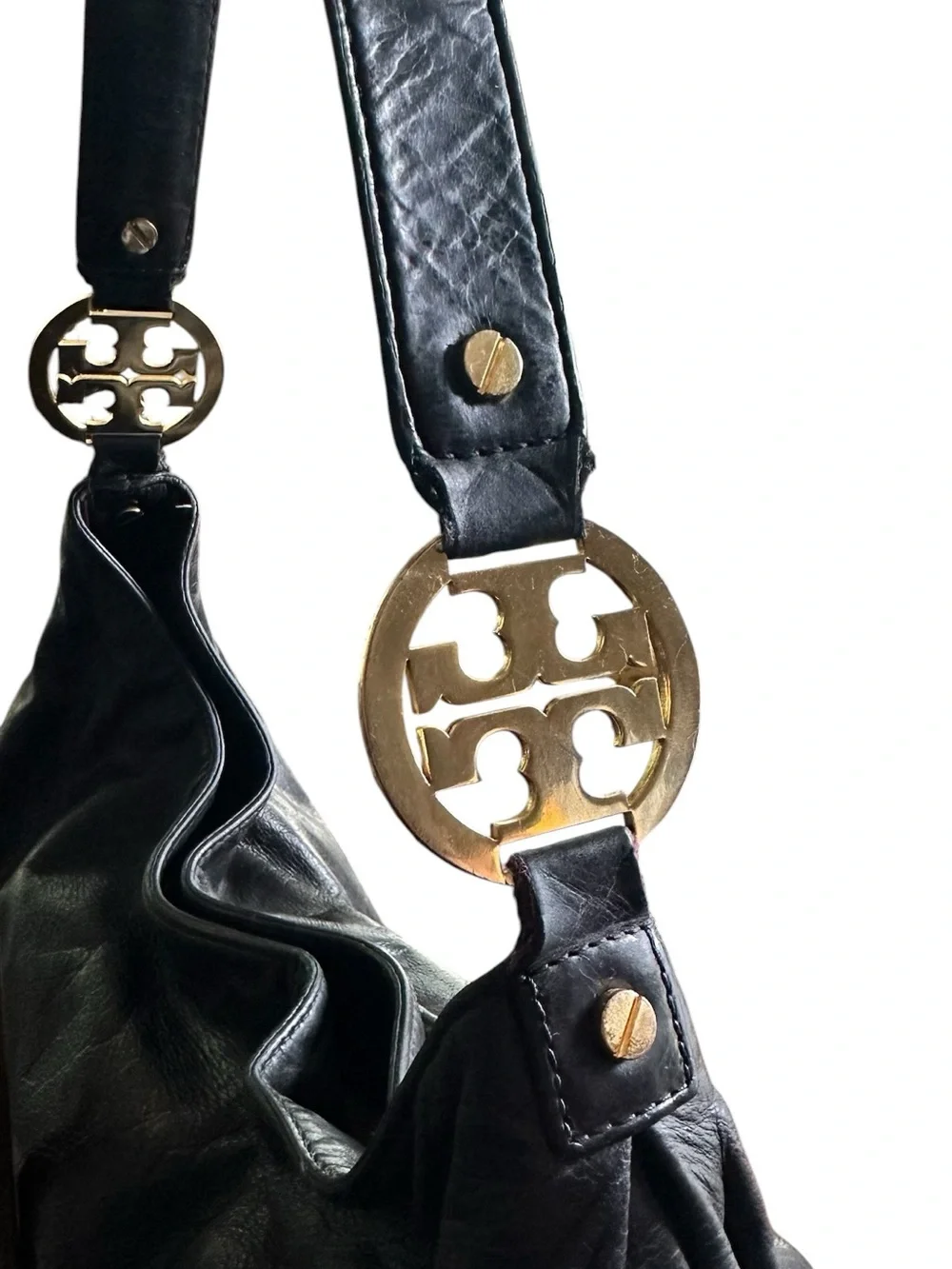 Tory Burch Black Leather Hobo Shoulder Bag Gold Logo Medallions VGUC